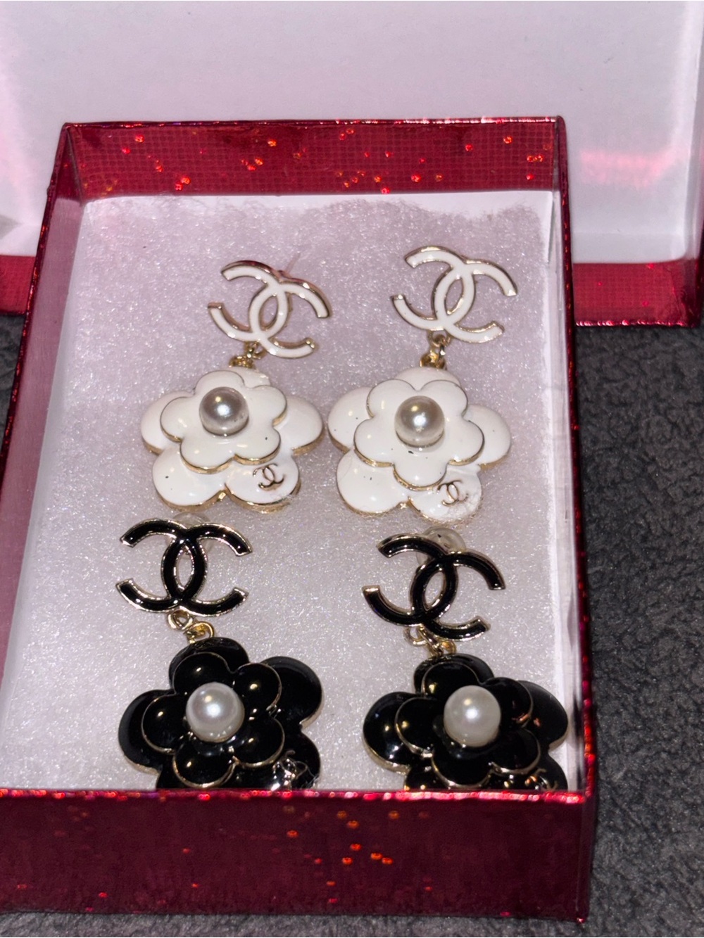 Designer-Inspired White & Black Camellia Drop Earrings with Pearl Accents